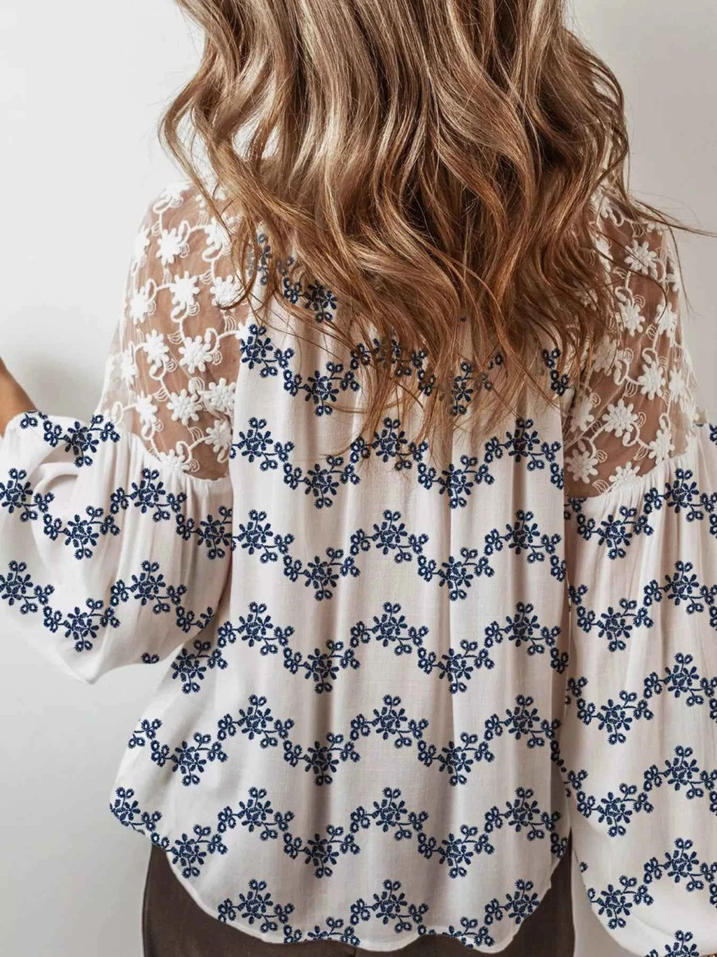 Printed Tie Neck Lace Long Sleeve Blouse 8aa38d19-25fd-429c-b573-558e7e90c211-Max-Origin