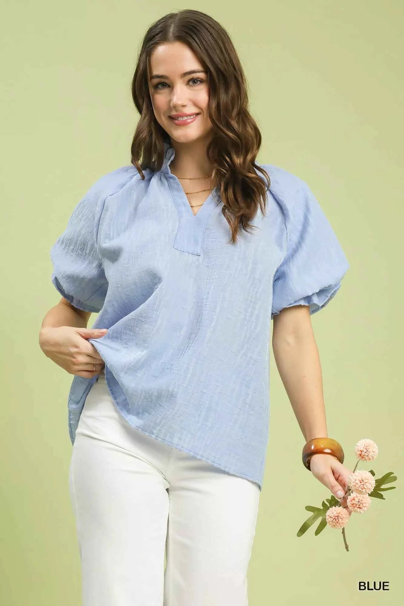 Umgee Textured Puff Sleeve Split Neck Top Blue 8aa85bf8-c896-4fe7-b6cc-69688f044e53-Max-Origin