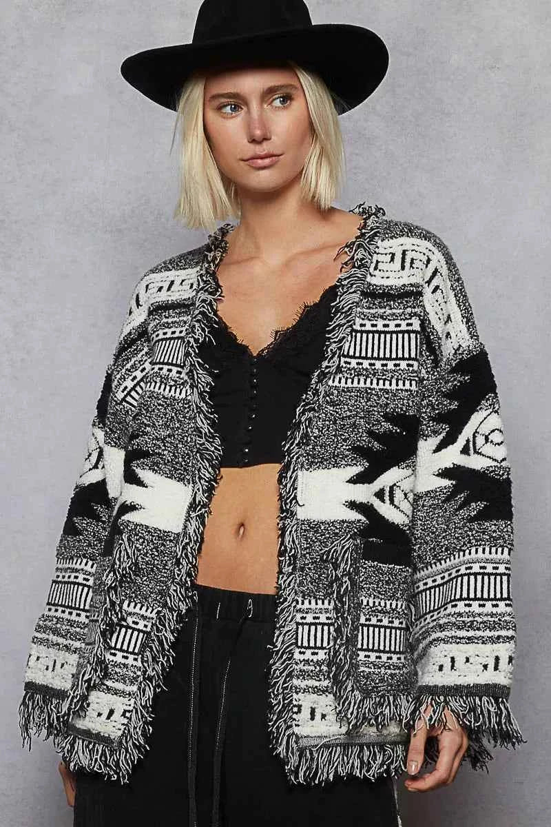 POL Open Front Geometric Print Cardigan with Fringe Detail 8aab7f6a-c21f-4f05-90b6-82e1f893acf3-Max-Origin