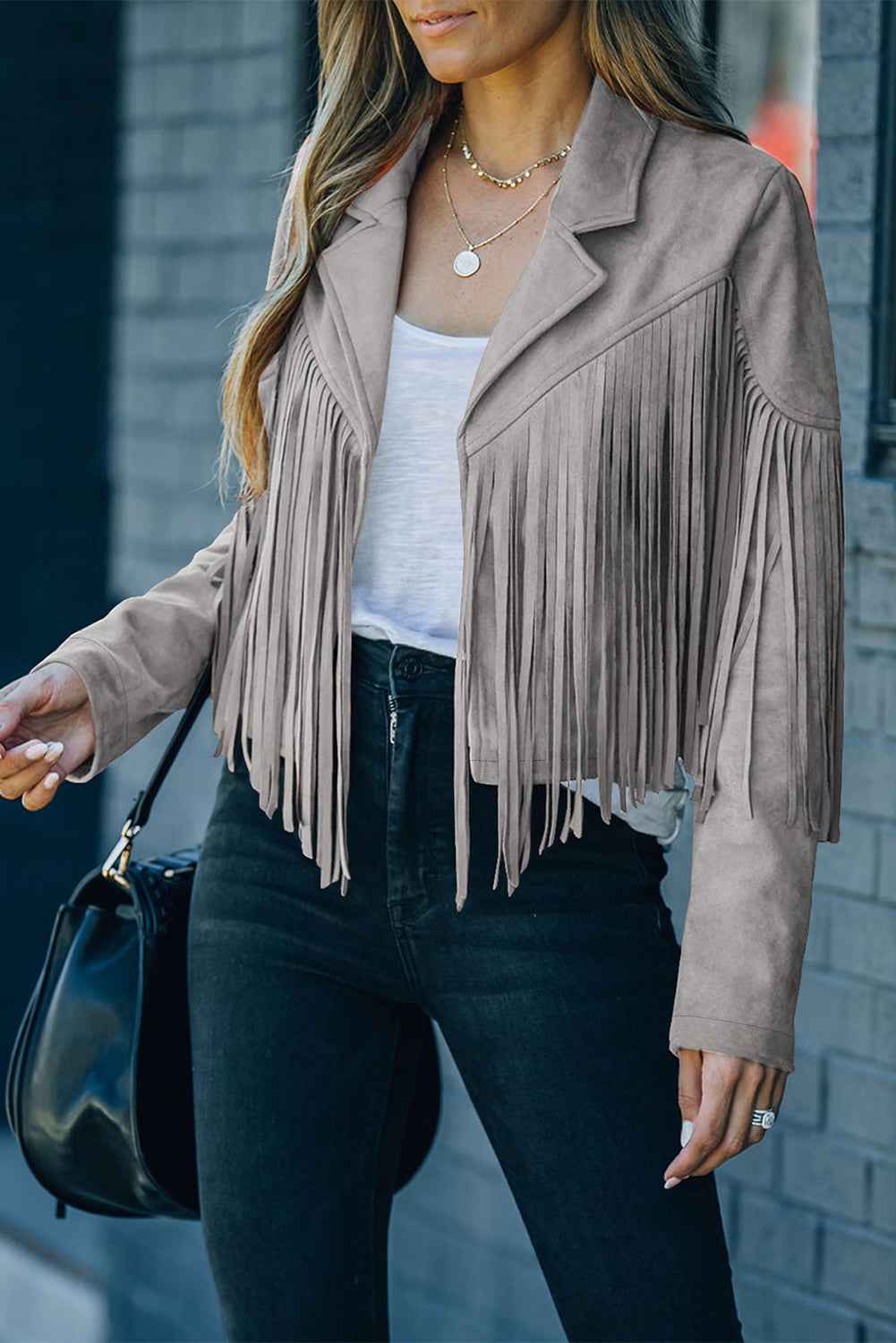 Green Cropped Fringe Faux Suede Jacket Gray-2 90%Polyester+10%Elastane 8aad00036e36d4c4
