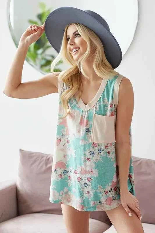 BiBi Multi Color Flower Printed Tank with Contrast Band 8ab35a36ba624988849559d30dbd37a2-Max-Origin