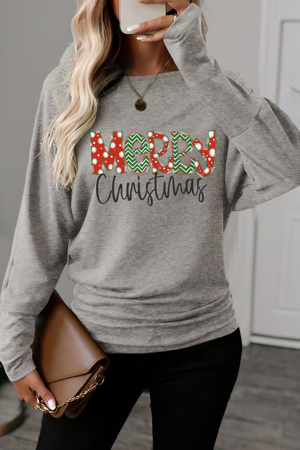 Light Grey Merry Christmas Graphic Extended Cuffs Dolman Long Sleeve Top Light Grey 75%Polyester+20%Viscose+5%Elastane 8ab5693a4babf345