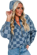 Sky Blue Checkerboard Zipped Collar Kangaroo Pocket Denim Hoodie Sky Blue 50%Polyester+50%Cotton 8abe9ca0b04be422