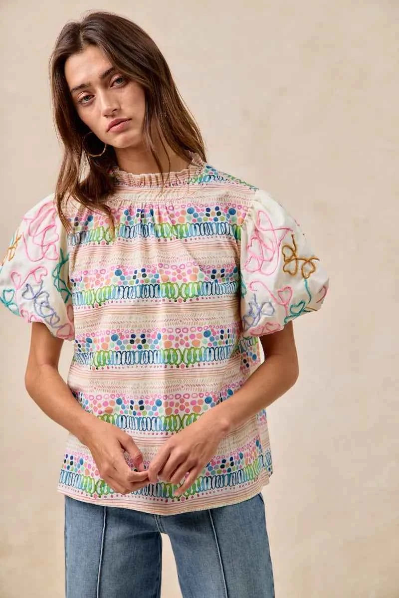 BiBi Ruffle Neckline Blouse With Embroidery Bubble Sleeve 8abfd0ca9fbf40b895339700148bd289-Max-Origin