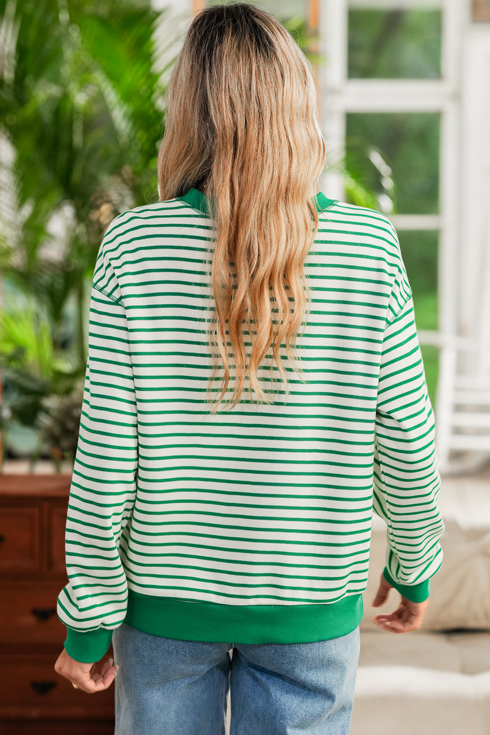 Bright Green Striped Contrast Trim Long Sleeve Top 8ac18a03e56485f4