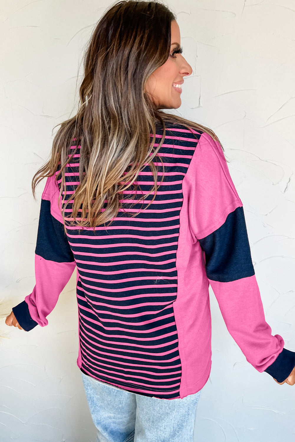 Pink Stripe Color Block V Neck Loose Fit Long Sleeve Top 8ac350e279f63612