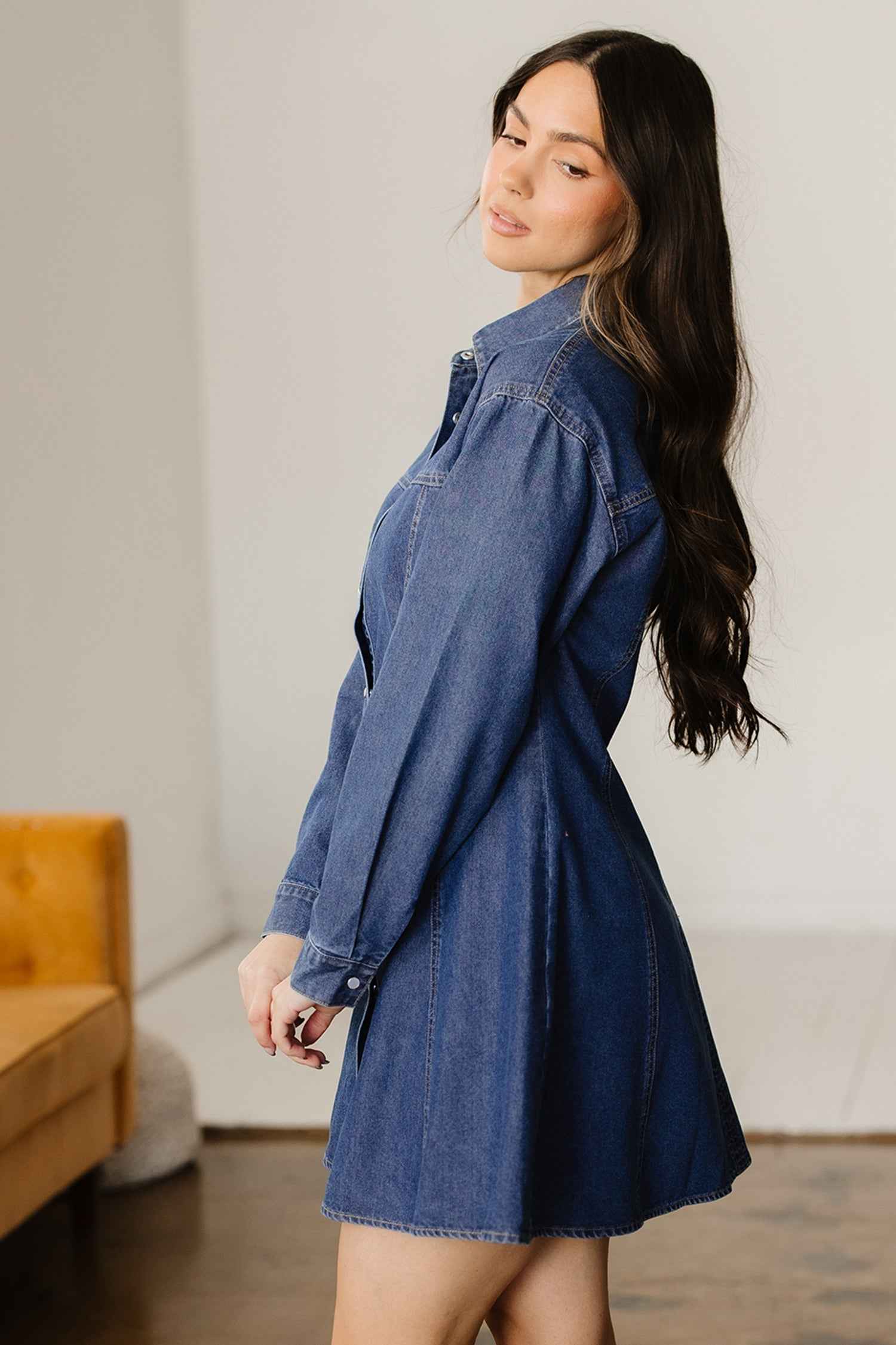 Ashleigh Blue Denim Shirt Collar Long Sleeve Flared Mini Dress 8ac710dde6d11f61