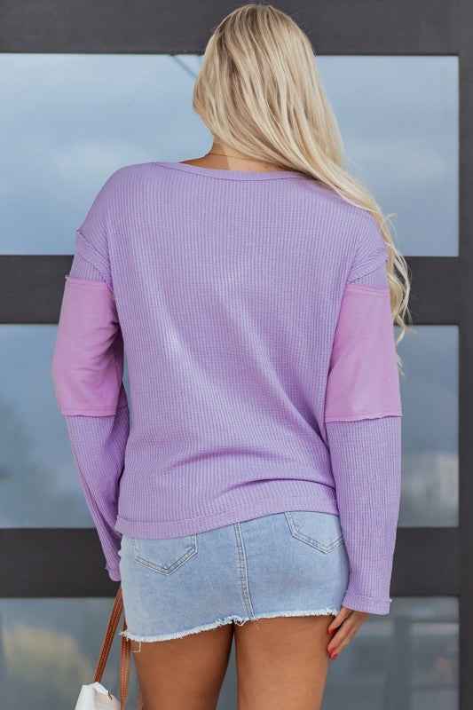 Colorblock Waffle Knit Patchwork Long Sleeve Top 8ac7af80-27e4-46f3-9095-f510e8a1dc12