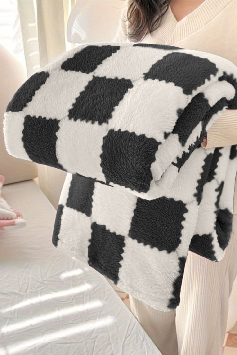 Black Checkered Fluffy Coral Fleece Blanket Black ONE SIZE 100%Polyester 8aca6d2293dfa2b1