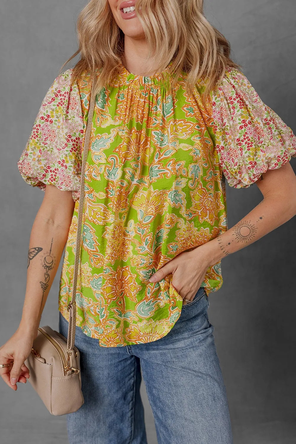 Multicolour Printed Contrast Bubble Sleeve Patchwork Blouse Floral 8acb1de4-cd31-40a0-a642-7ca7d00e93c0-Max-Origin