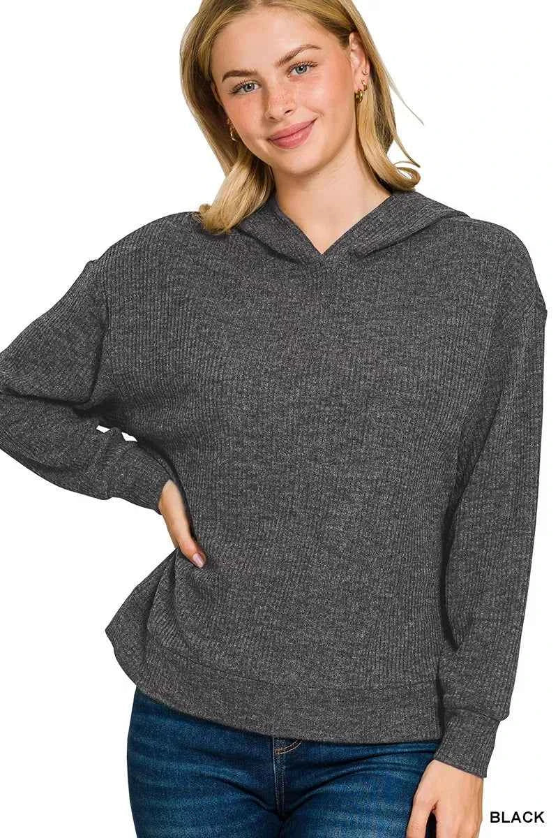 Zenana Ribbed Long Sleeve Hoodie BLACK 8accc75605bb44f886a435d3a532907a-Max-Origin