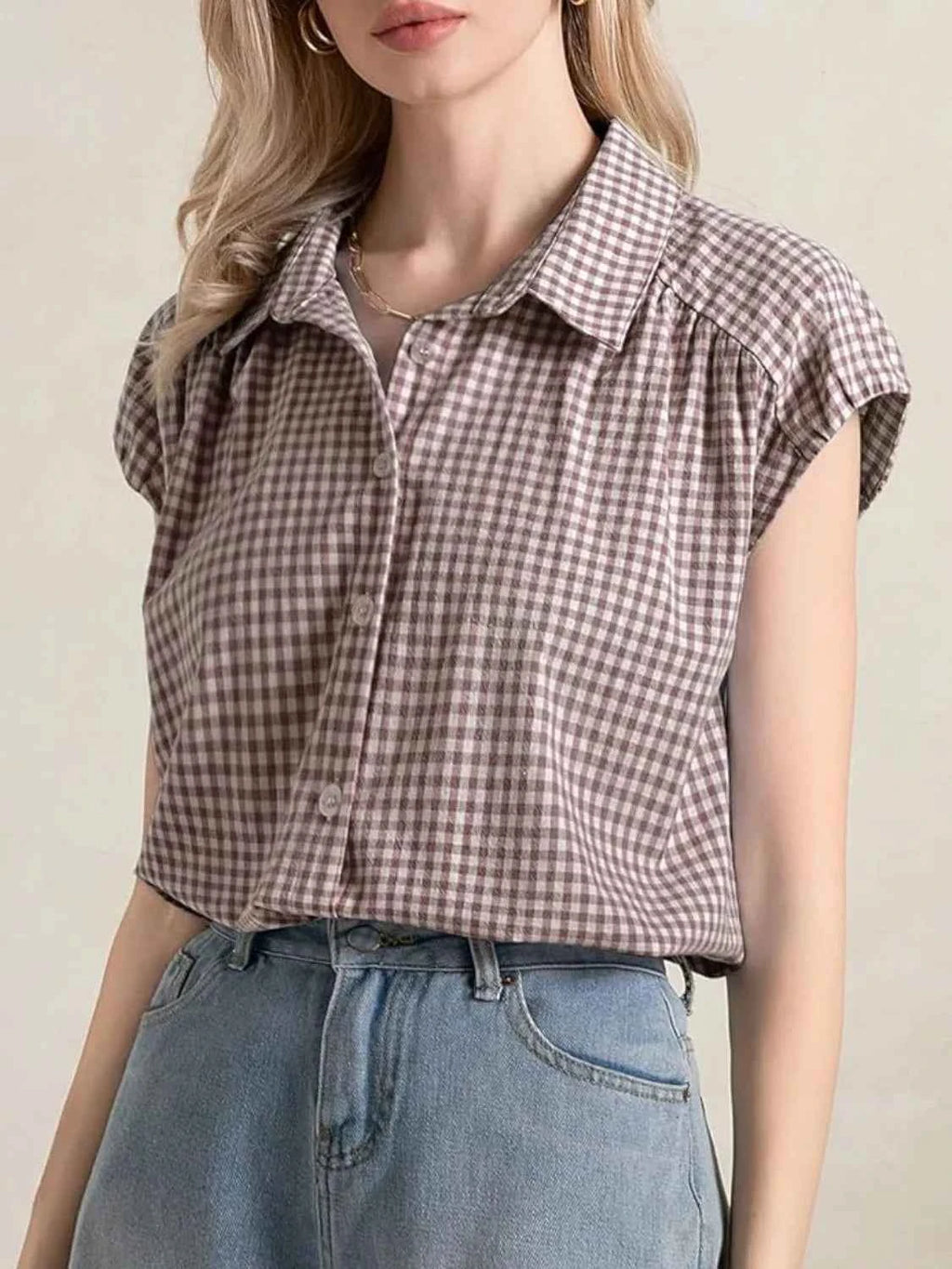 Plaid Button Up Cap Sleeve Shirt 8acf7481-558b-409f-b64c-a3c3176431a8-Max-Origin