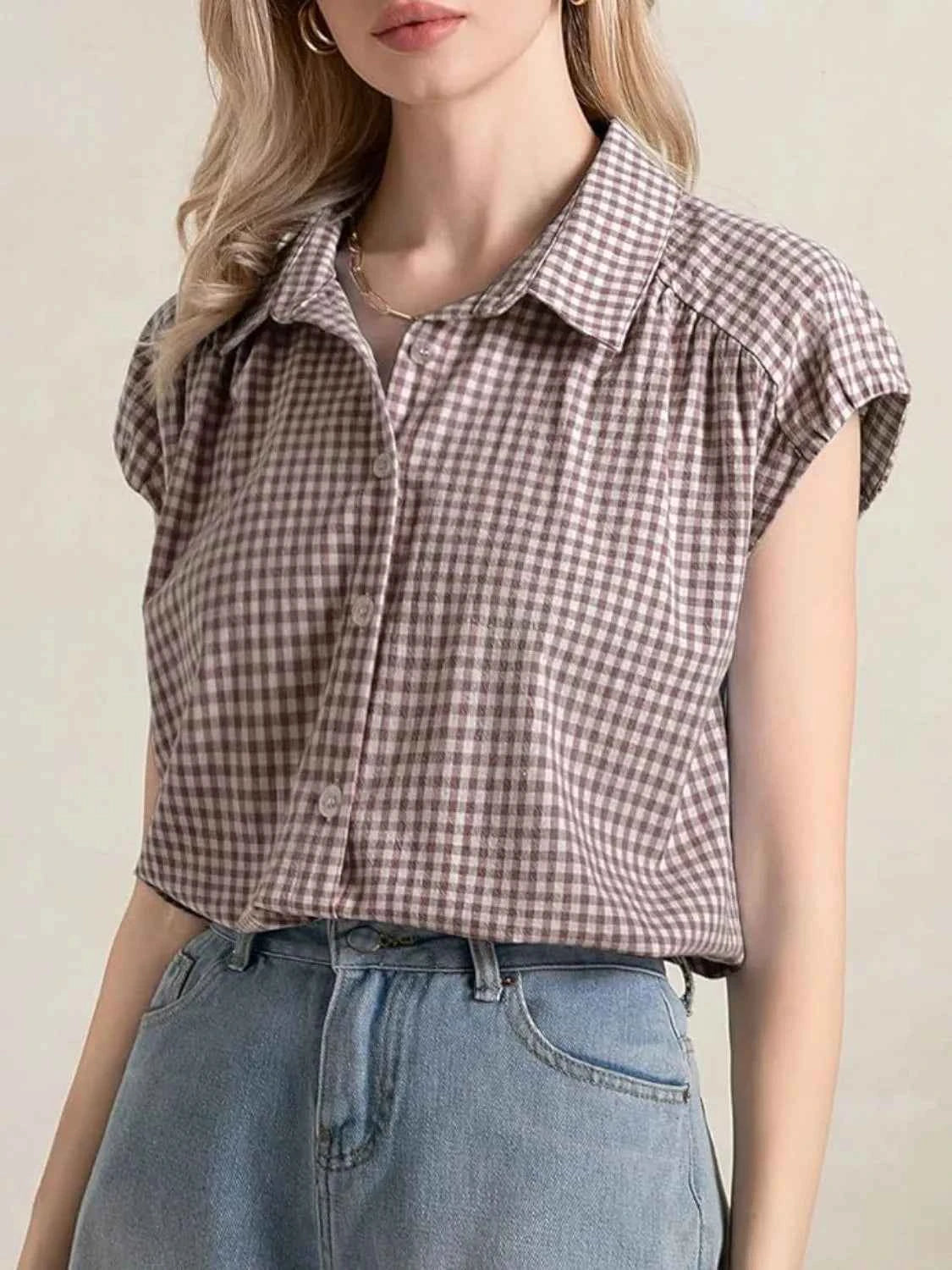Plaid Button Up Cap Sleeve Shirt 8acf7481-558b-409f-b64c-a3c3176431a8-Max-Origin