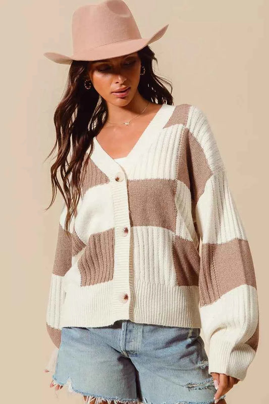 Checkered Button Front Ribbed Sweater Cardigan 8ad0380f38664adcb2826cb96d7d6976-Max-Origin