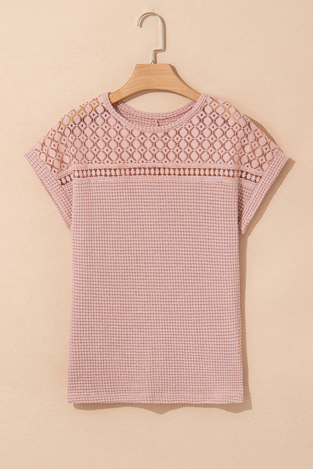 Mist Green Hollow Patchwork Waffle Knit Top 8ad06bbac6d20868