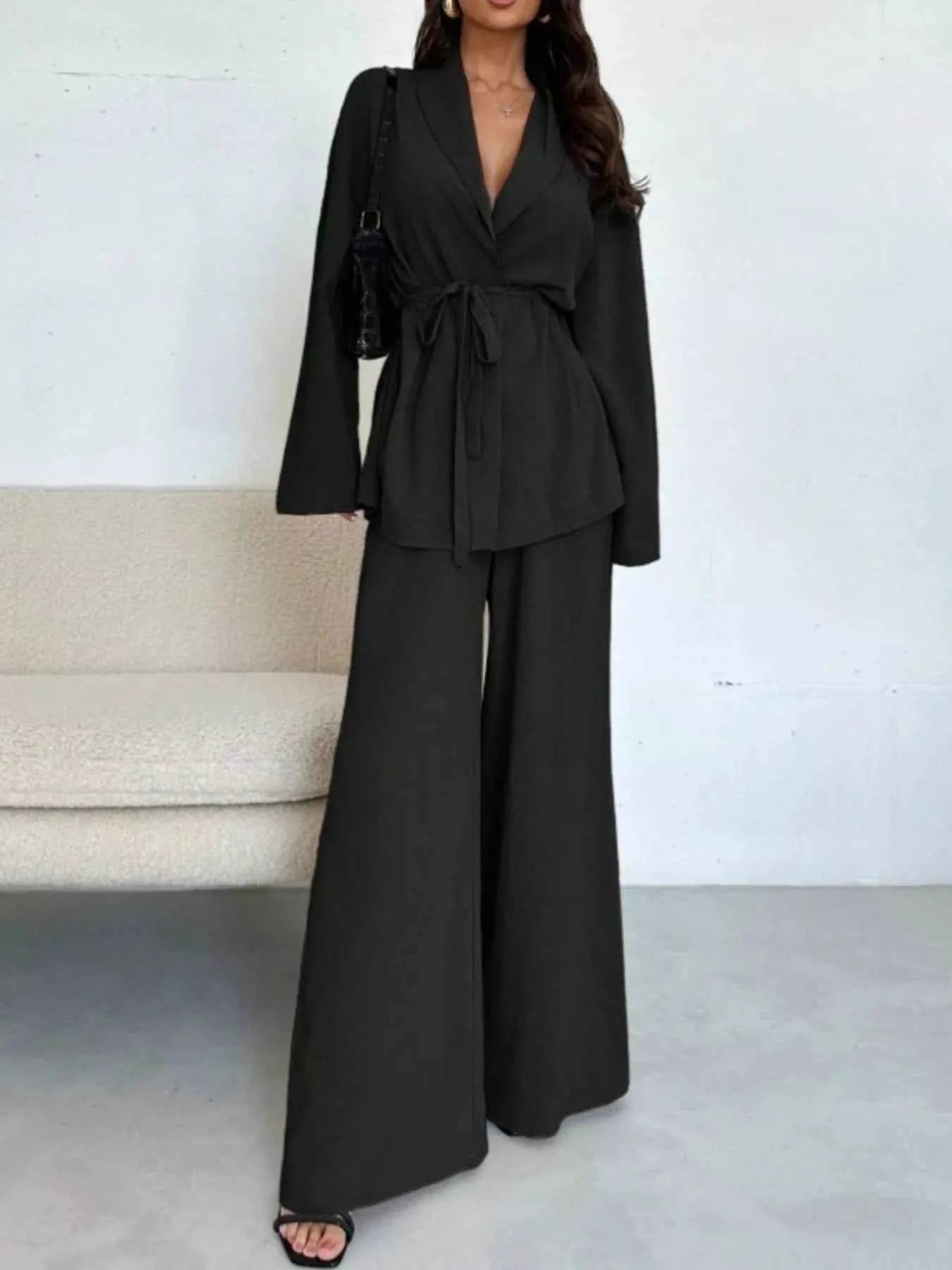 Front Tied Shirt and Wide-Leg Pants Set Black 8ad6e390-9b1a-4c43-b27c-6e9537571d0d-Max-Origin