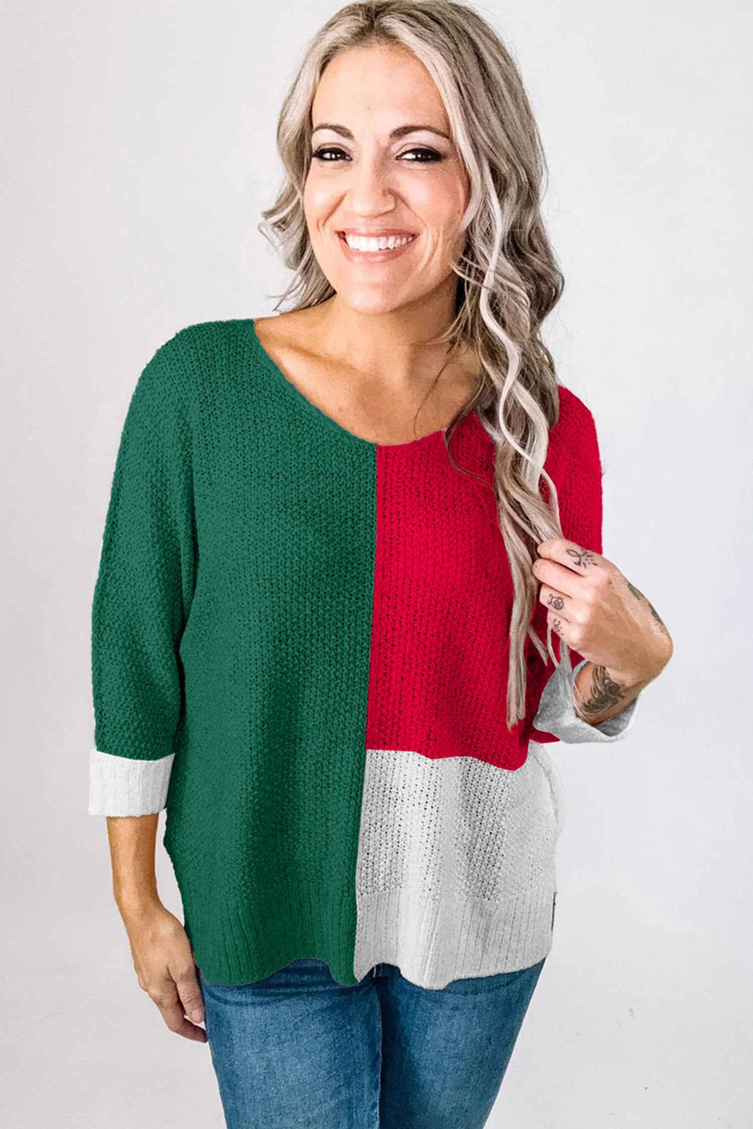 Chestnut Color Block Knit V Neck Loose Sweater 8ada6004d09ed0e7