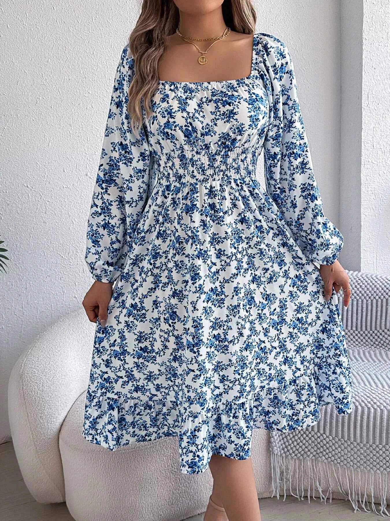 Floral Print Long Sleeve Square Neck Midi Dress Blue 8adcb0a27cd5496bacbe24c6aa843fb1-Max-Origin