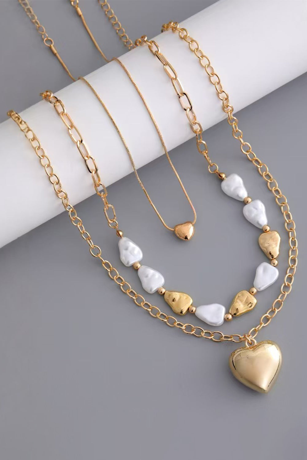Gold Heart Pendant Pearl Chain Necklace Set 8addd3700c3646ce