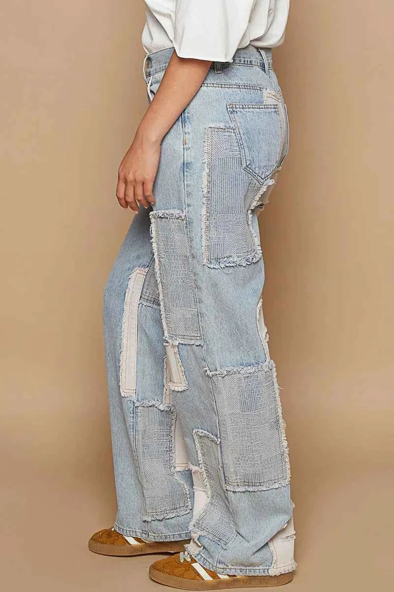 POL Contrast Patched Raw Hem Straight Jeans 8addda61-9ed8-4f97-9959-af288e475dac-Max-Origin