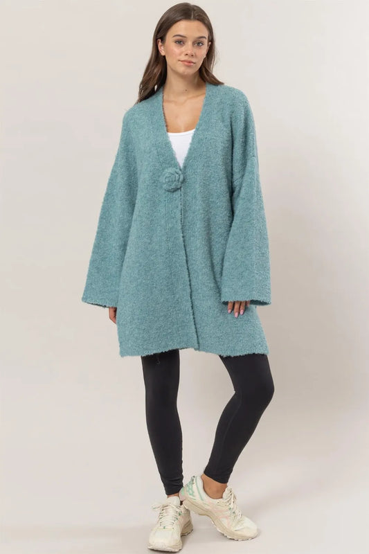 Front Rosette Longline Slit Sweater Cardigan 8ae1b659-664b-4567-9584-df8bc54fb43b-Max