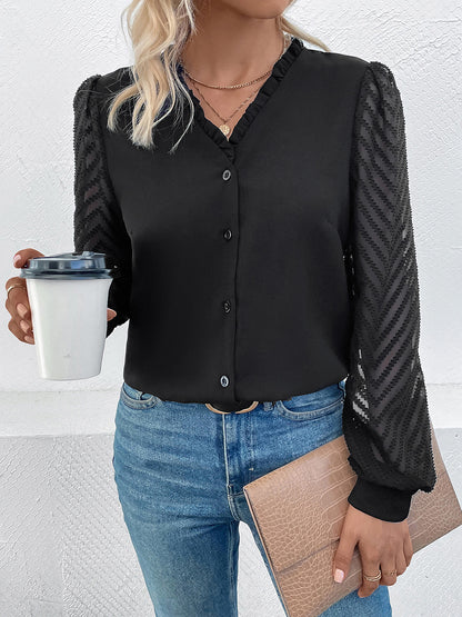 Perfee Mesh V-Neck Button Front Blouse