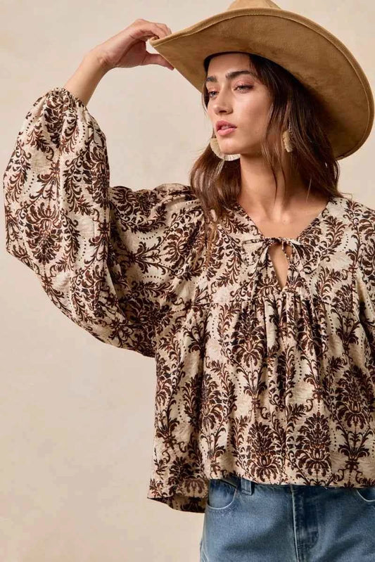 Printed Woven Front Tied Blouse with Baloon Sleeve 8aea52b5c269460cb42eaa8ee1040503-Max-Origin