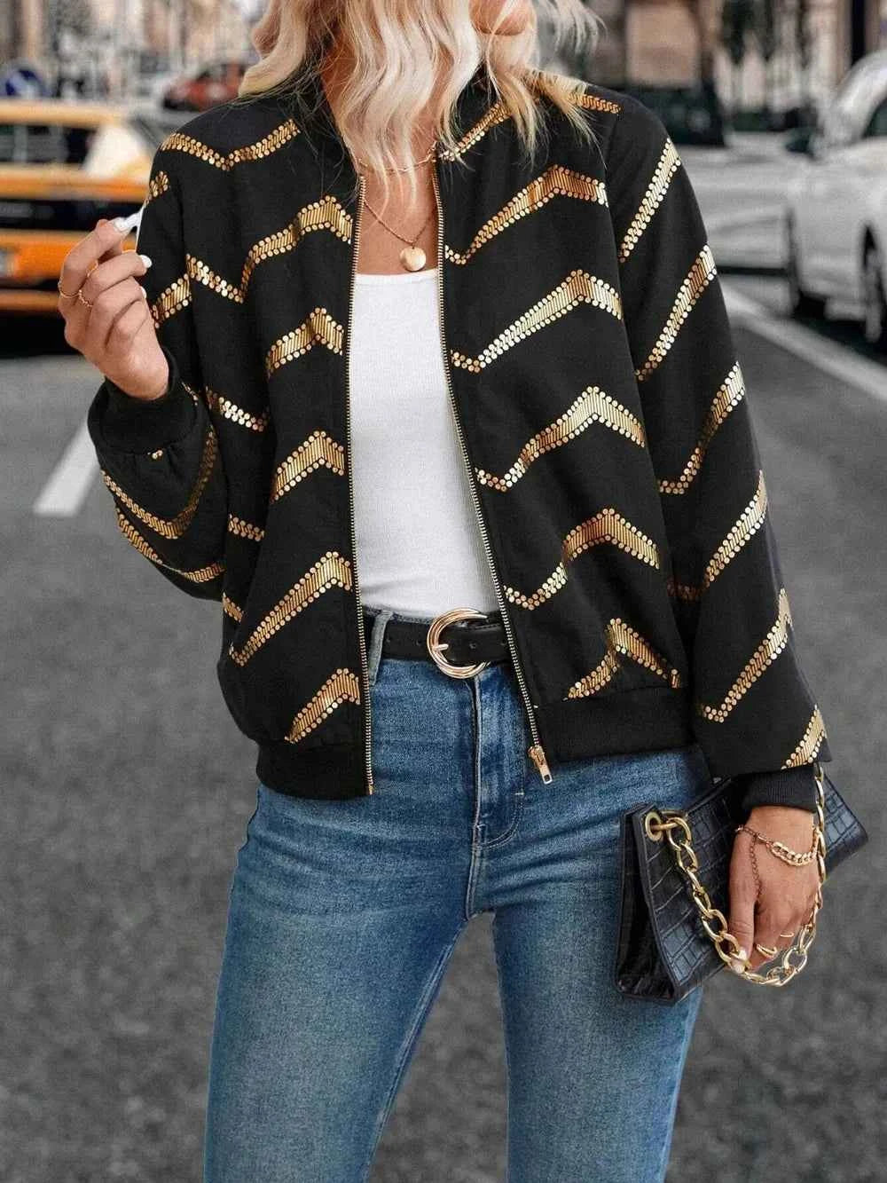 Printed Baseball Collar Zip Up Jacket 8aea6928-39fc-4066-b5ac-7726cf840fdf-Max