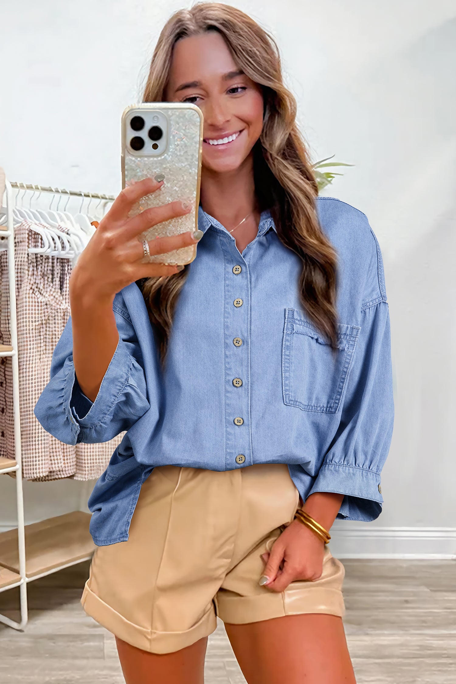 Myosotis Washed Drop Shoulder Bracelet Sleeve Chambray Shirt 8af5c69396f11fec