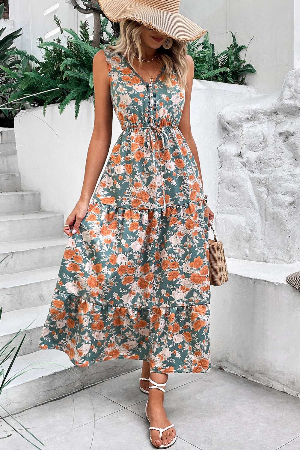 Green Floral Print Trimmed V Neck Sleeveless Vacation Dress 8af6ec37c216bcb1-_6