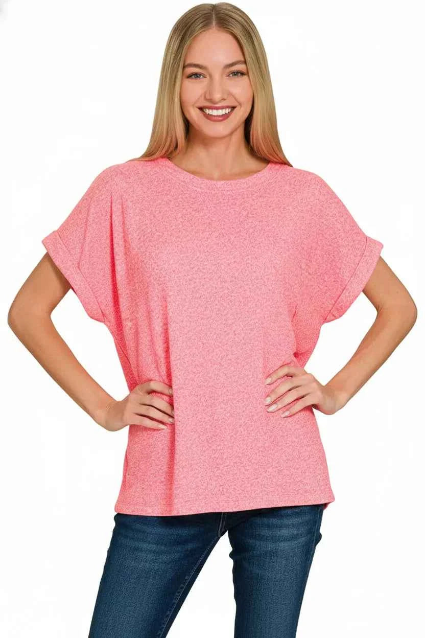 Zenana Soft Melange Hacci Short Sleeve Round Neck Top 8af83088-0ed5-4e07-a700-e0d33fb4a666-Max-Origin