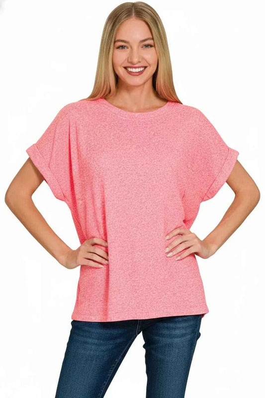 Zenana Soft Melange Hacci Short Sleeve Round Neck Top 8af83088-0ed5-4e07-a700-e0d33fb4a666-Max-Origin