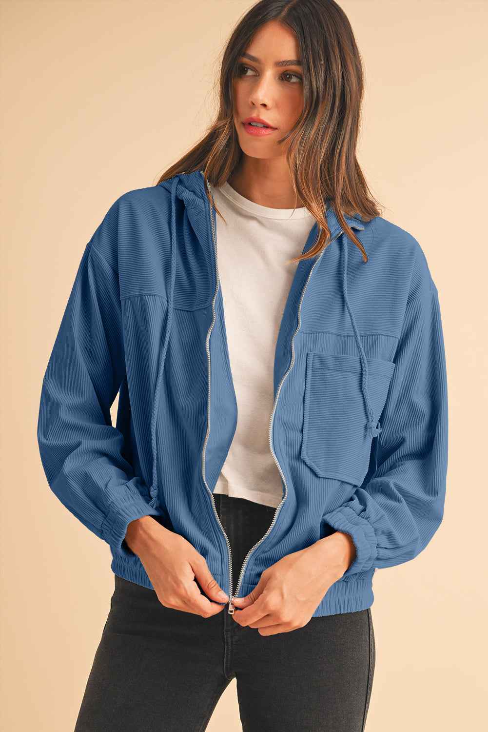 Real Teal Corduroy Drawstring Hooded Pocket Zip Up Jacket 8afe5113814f1836