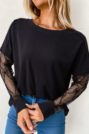 Black Solid Color Bow Textured Patchwork Long Sleeve Tee Black 92%Polyester+8%Elastane 8b12dc19672f445f