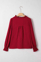 Burgundy Notched Neck Shirred Cuffs Long Sleeve Blouse 8b14dc8b0c9fa9df