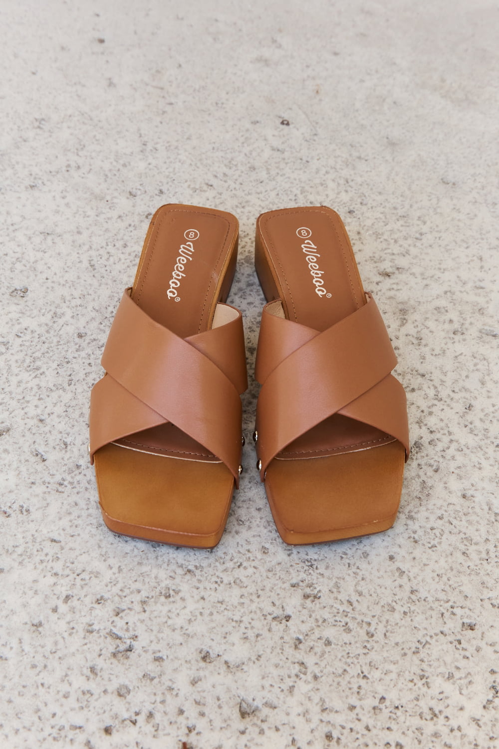 Weeboo Step Into Summer Criss Cross Wooden Clog Mule in Brown 8b169fd288f64d42ab33310f06ff817a-Max