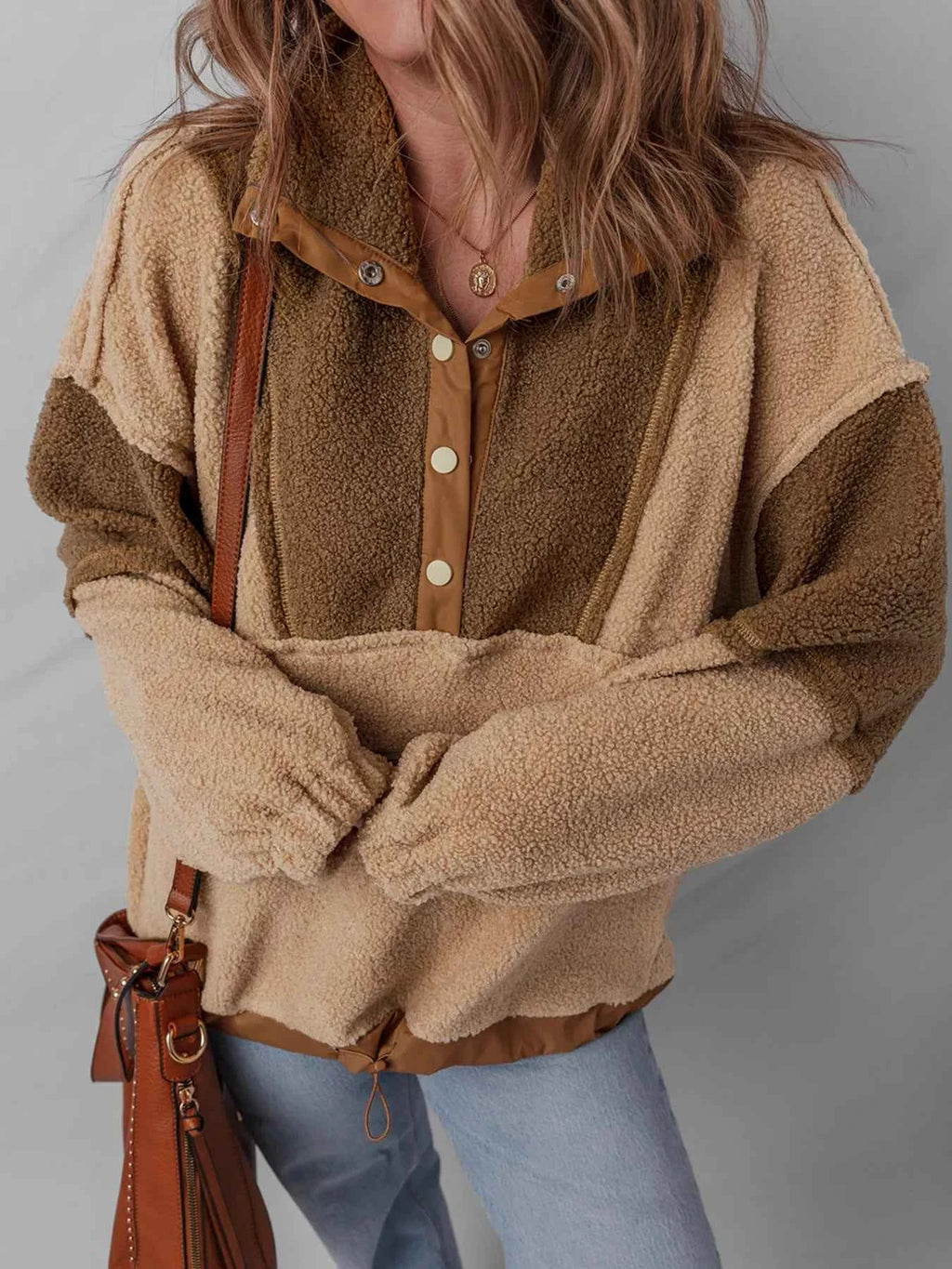 Color Block Patchwork Half Button Sherpa Sweatshirt Camel 8b1ca12d4b1b49deb30e09ea93257a30-Max-Origin