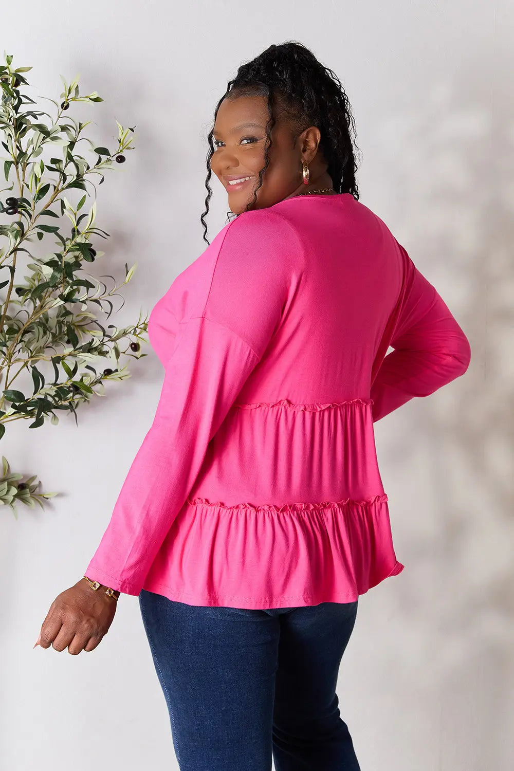 Double Take Half Button Long Sleeve Ruffle Hem Blouse 8b1e193e0621471eb85a61279ed08ad8-Max
