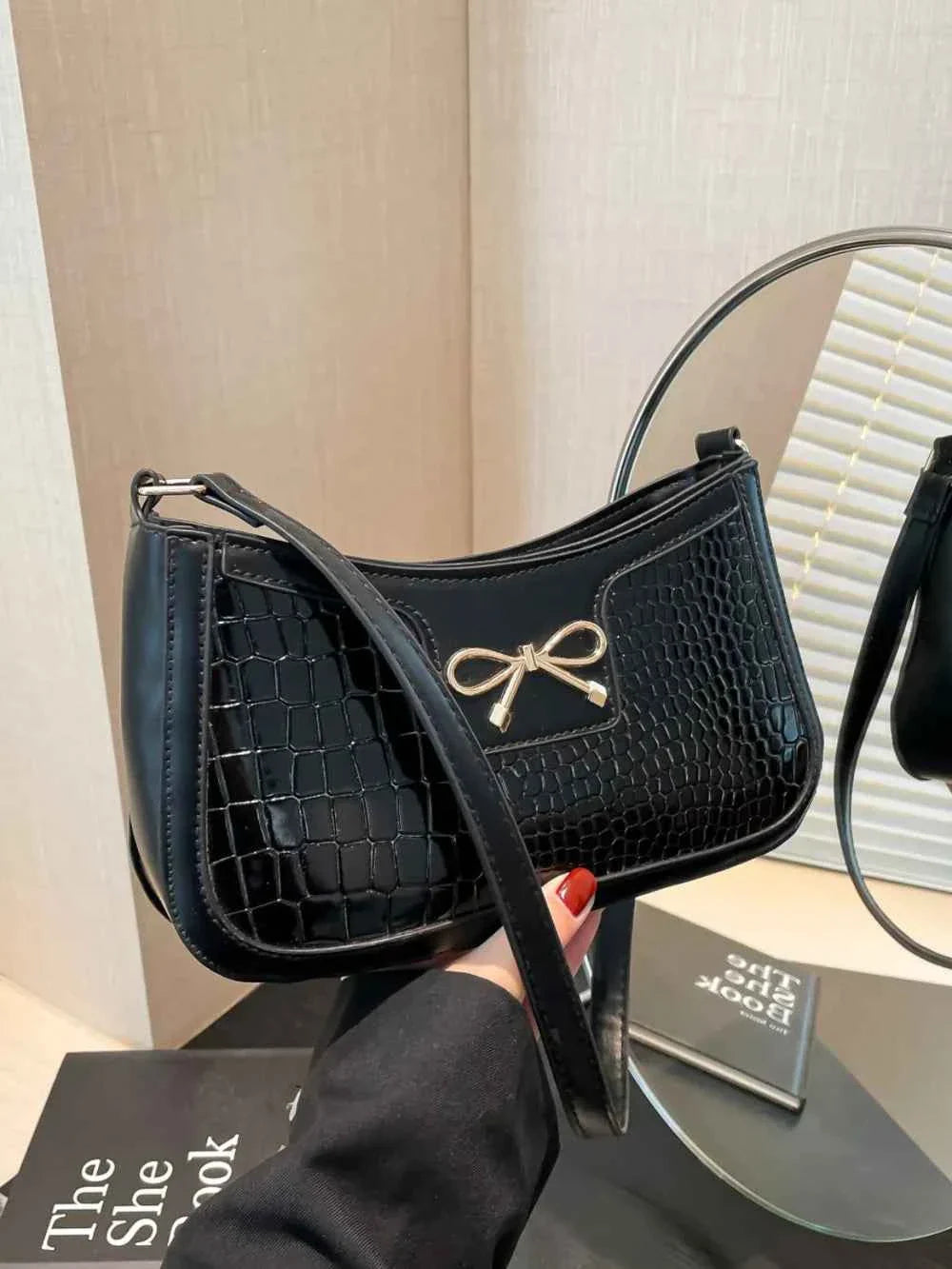 Crocodile Pattern Shoulder Bag with Bow Detail Black One Size 8b23c445-f161-43d9-a9ff-09596e80fe21-Max