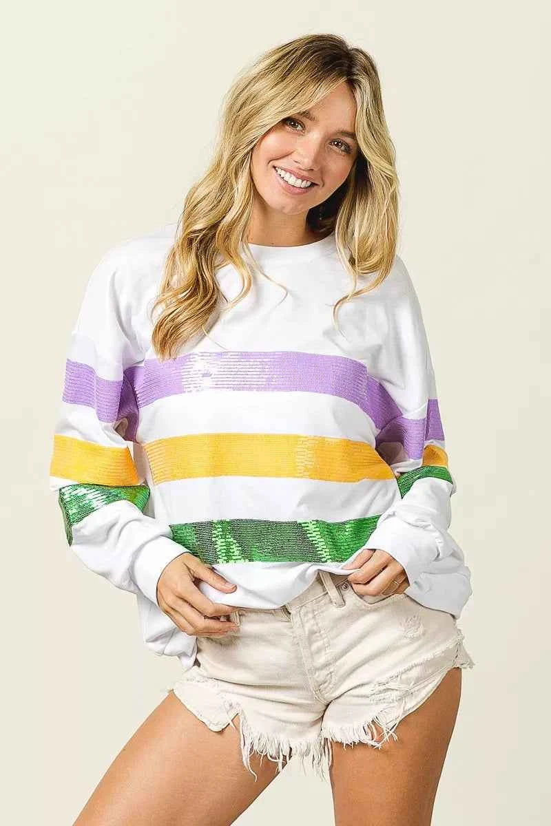 BiBi Sequin Mardi Gras Striped Round Neck Sweatshirt 8b26672399e3485082f2709f8b5da07a-Max-Origin