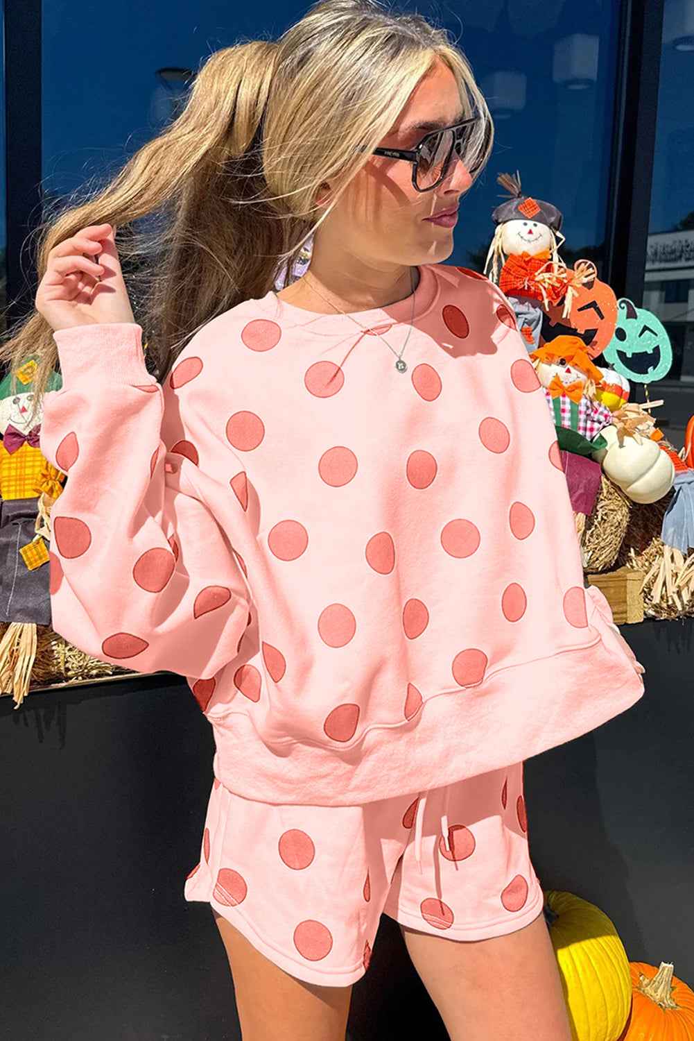 Sky Blue Polka Dot Print Drop Shoulder Pullover Drawstring Shorts Set 8b2760fef3490958