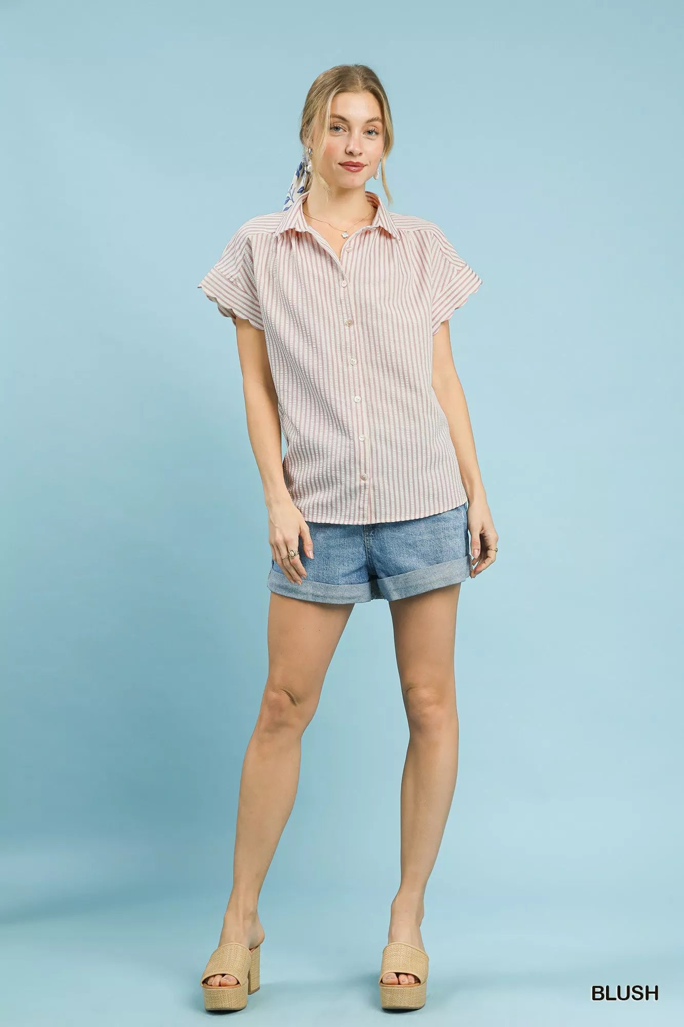 Umgee Striped Button-Down Top with Scallop Sleeves 8b287a85-a811-4246-a64e-405478931397-Max-Origin