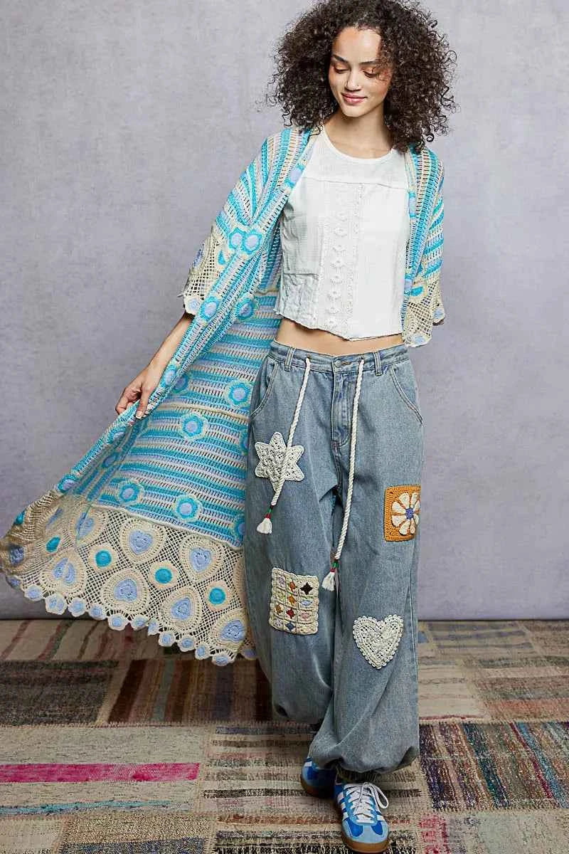 POL Striped and Floral Pattern Crochet Longline Cardigan SKY MULTI One Size 8b28b0ef-00be-4b9a-a82e-682df933babe-Max-Origin