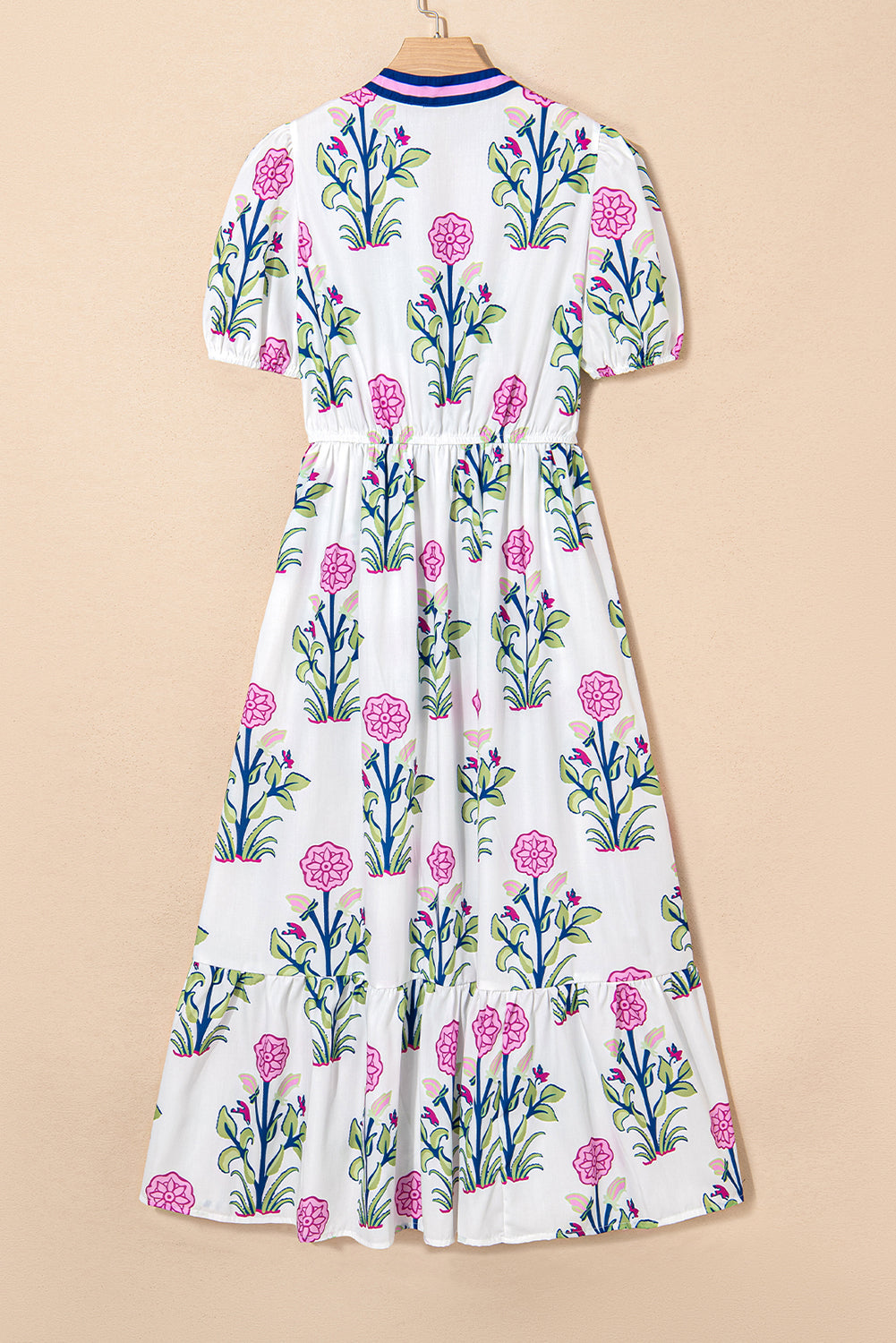 Blue Floral Ruffle Hem Pop of Color Neckline Dress 8b2aeb6f3bf4483d