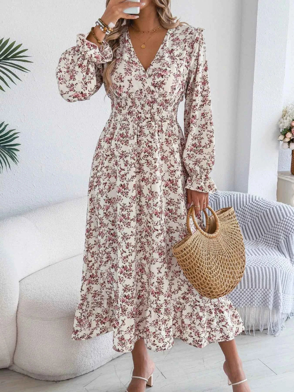 Ruffled Floral V-Neck Flounce Sleeve Dress 8b2b210d-e095-4479-b1ef-21f497ea54f8-Max-Origin