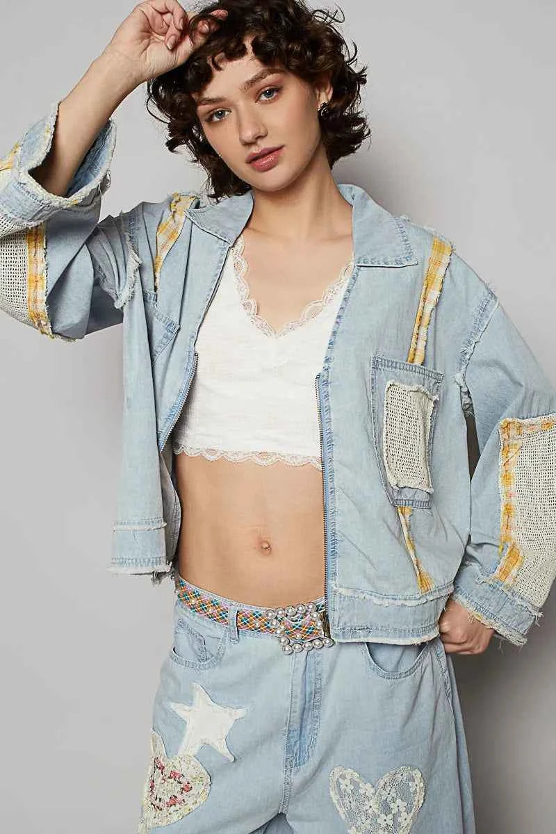POL Raw Hem Zip Up Denim Jacket with Plaid and Crochet Patch 8b2e3f54-eeb0-486e-b6b1-72dcfc2784d4-Max-Origin