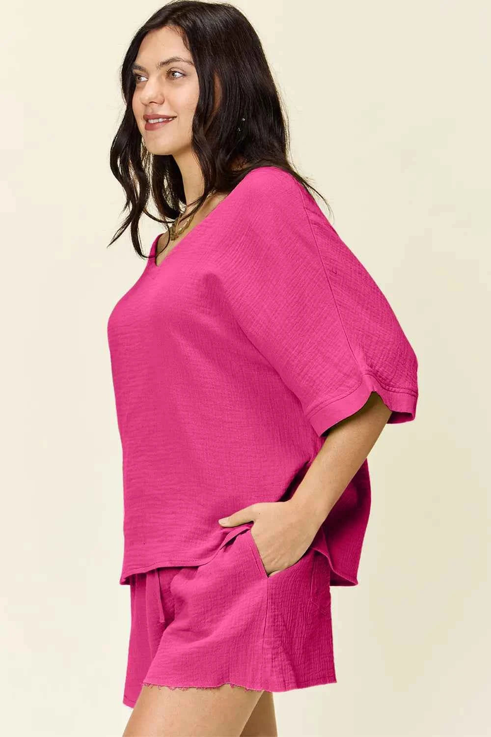 Double Take Texture Half Sleeve T-Shirt and Drawstring Shorts Set 8b3878ce-d8d0-4a7a-a24a-e3e3c63927ab-Max