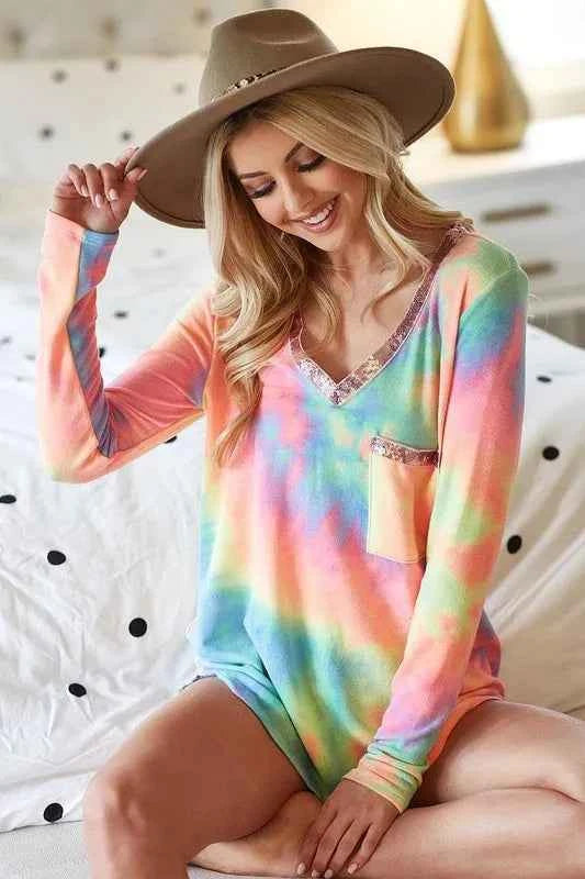 BiBi Tie Dye V-neck Terry Knit Top With Sequins 8b42ede8363a4840b67c3ea93c7ea0cd-Max-Origin