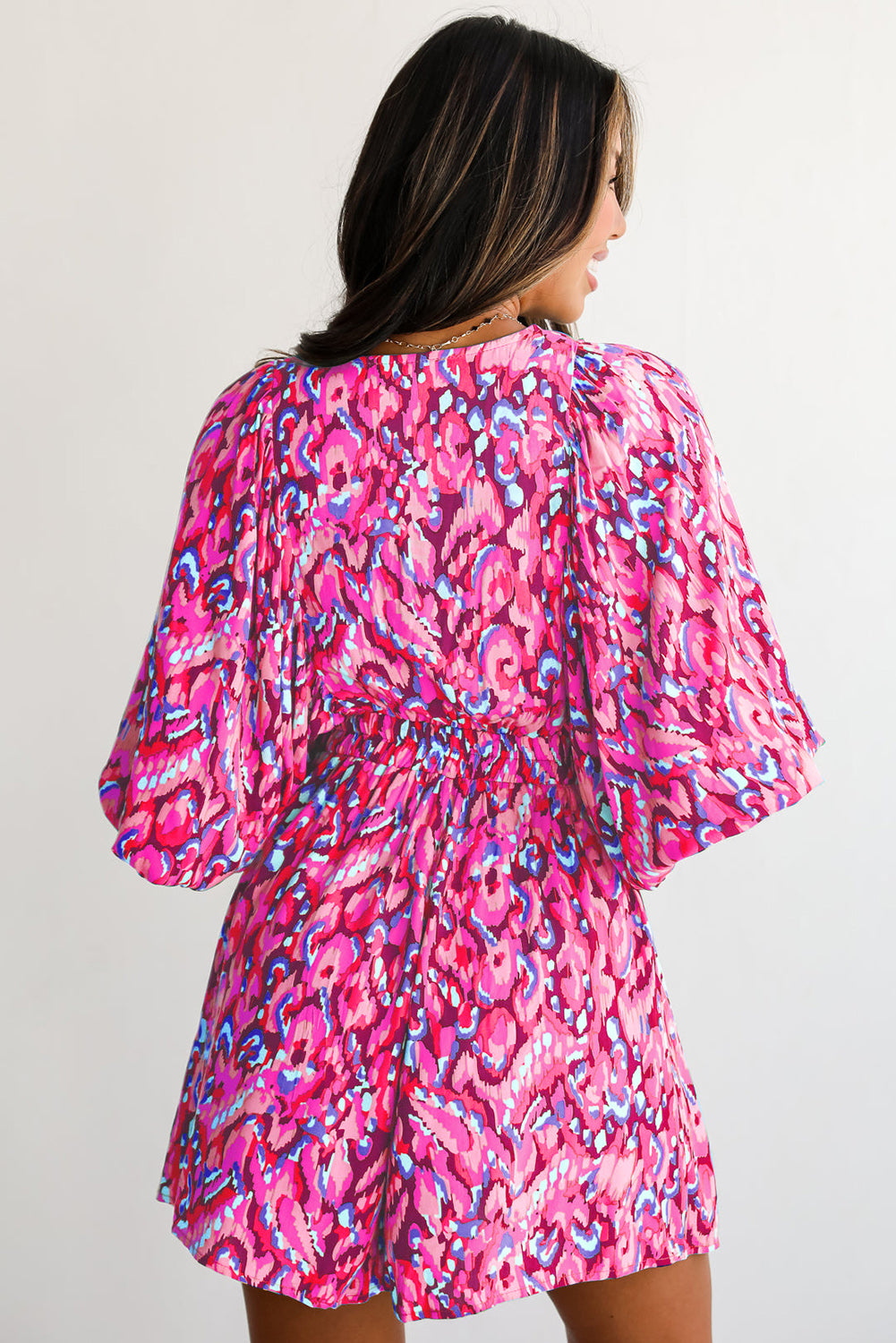 Pink Abstract Print Dolman Sleeve V Neck High Waist Romper 8b42ee3a417d9b77