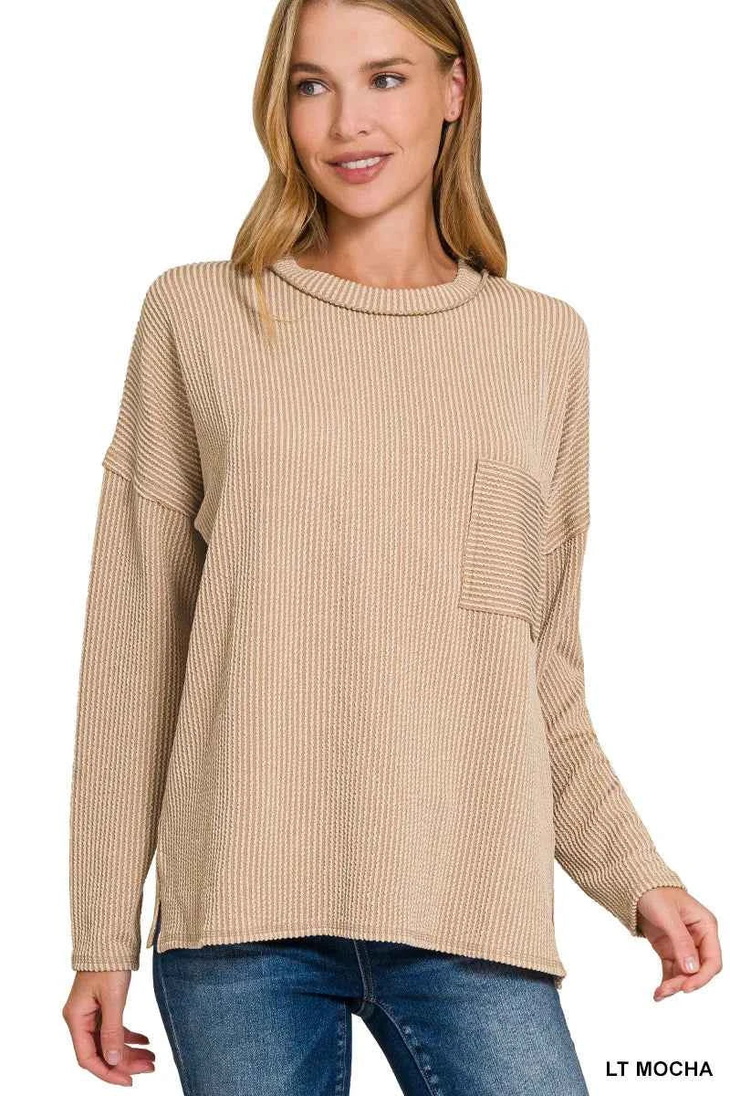 Zenana Long Sleeve Drop Shoulder Rib Top LT MOCHA 8b45d686-b876-413a-88f0-d424ad4fdf94-Max-Origin